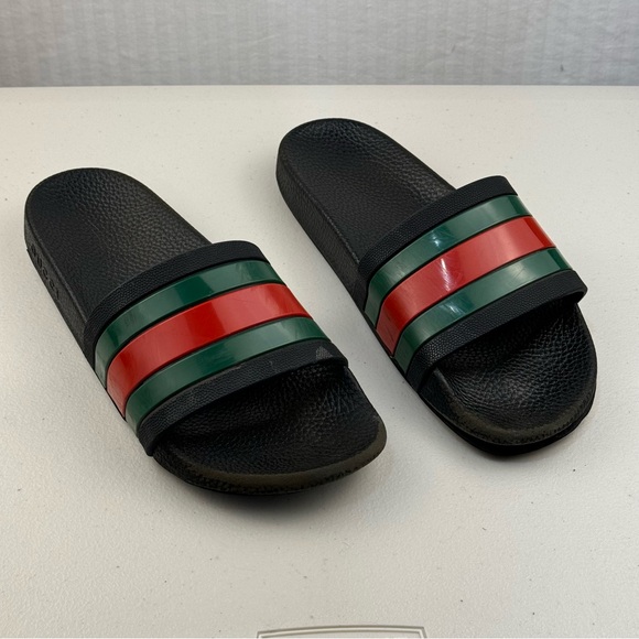 Gucci Black Slides Red Green Web Sandals Men’s Size 8 Luxury Classic Preppy - Picture 1 of 14